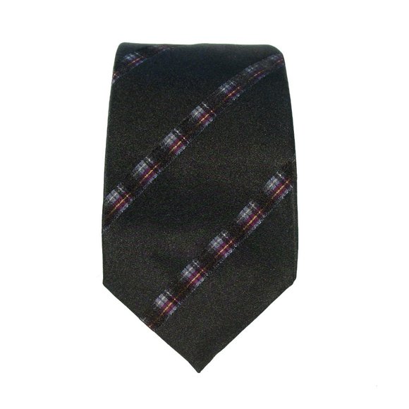 Prada Other - PRADA Diagonal Tartan Plaid Stripe Necktie Black Purple Silver Gold Silk 58"